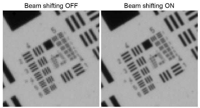 图 8：（左）USAF目标在关闭 BSW-20 的单色相机上成像。(右图）开启 BSW-20 后USAF目标成像。横向分辨率提高了 41%。