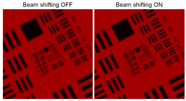 图 9：（左）在关闭 BSW-20 的情况下，用彩色相机的红色通道拍摄的USAF目标。(右图）开启 BSW-20 后拍摄的USAF目标。横向分辨率提高了 100%。