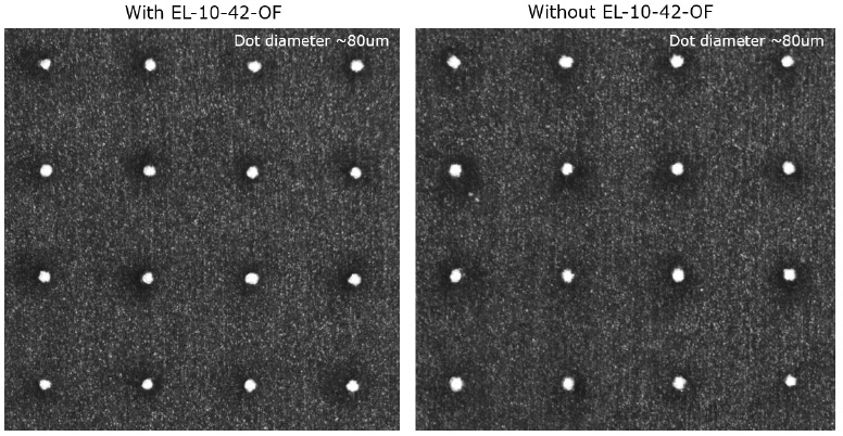 在光束路径中安装和不安装 EL-10-42-OF 时的打标质量比较，两种设置之间没有任何差异